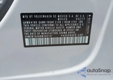 2017 Volkswagen Jetta 1.4T S from USA, damaged, VIN 3VW2B7AJ9HM364197